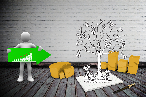 compressed-character-holding-green-arrow-tree-with-money